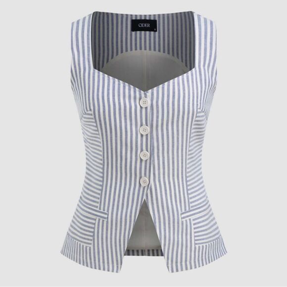 CIDER COTTON-BLEND SWEETHEART NECKLINE STRIPED BUTTON JACKET VEST‎ - Picture 1 of 9